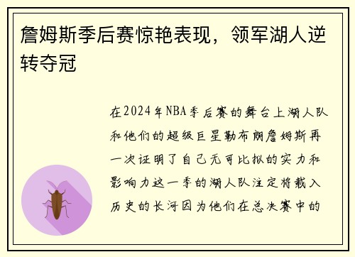 詹姆斯季后赛惊艳表现，领军湖人逆转夺冠