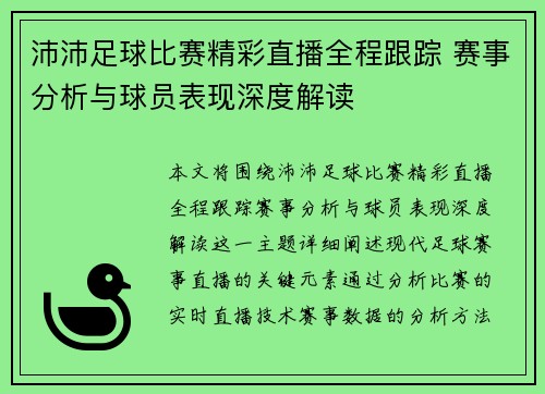 沛沛足球比赛精彩直播全程跟踪 赛事分析与球员表现深度解读